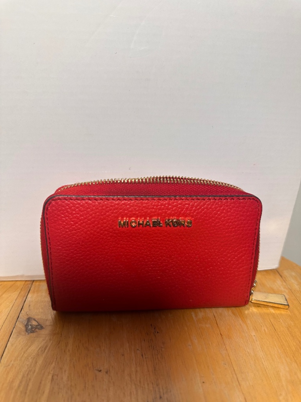 Michael Kors Red Pebbled Leather Zip Around Wallet Gold Hardware